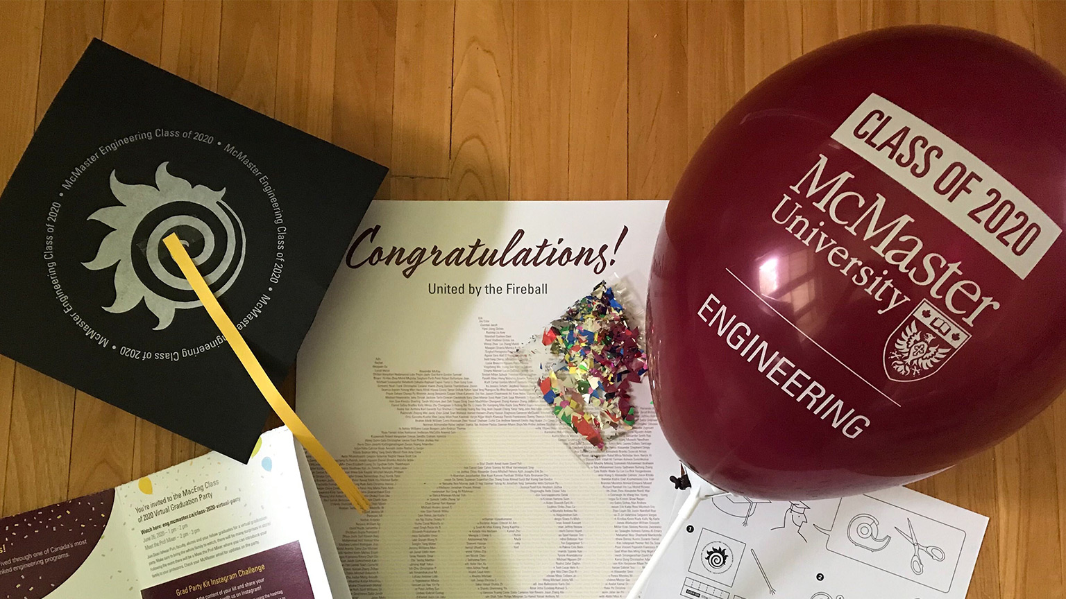 A fireball grad cap, a maroon balloon, a bag of confetti and fireball made out of the names of graduates were all included in the a kit sent to our 2020 graduates.