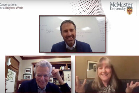All 3 participants are on the screen, smiling in a video call. At the top right is a logo that says MacTalks