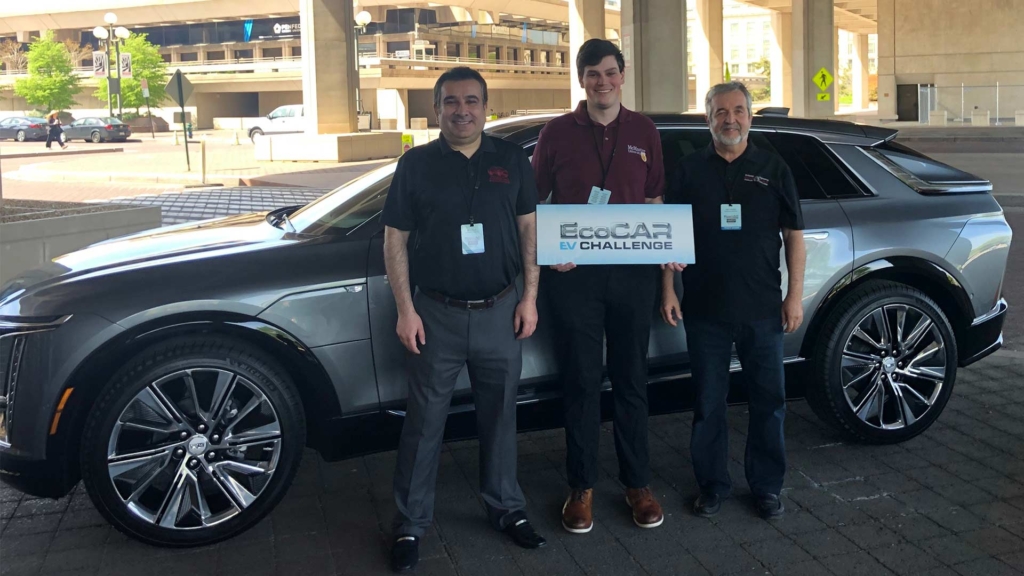 EcoCAR EV Challenge Announcement and Launch Workshop in Washington, DC. From left to right: Ali Emadi (lead faculty advisor), Liam Strijckers (undergraduate student, Computer Engineering and Management), and Dan Centea (faculty advisor) of the McMaster Engineering EcoCAR EV Challenge Team. 