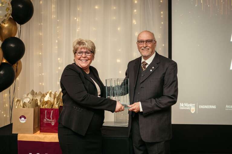 Heather Sheardown presents David Wilkinson with the McMaster University Faculty of Engineering Exceptional Service Award