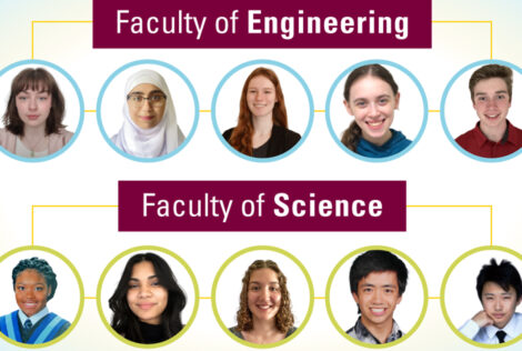 A graphic that reads ‘Faculty of Engineering’ overtop five headshots of students. There is also text that reads ‘Faculty of Science’ overtop another five headshots of students.