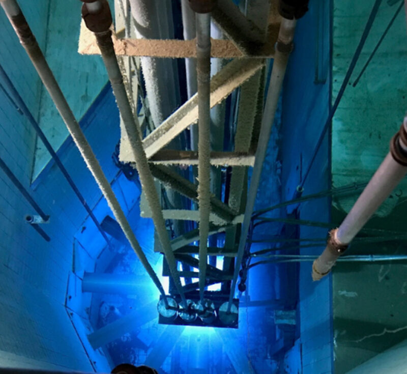 The view down into the McMaster Nuclear Reactor pool.