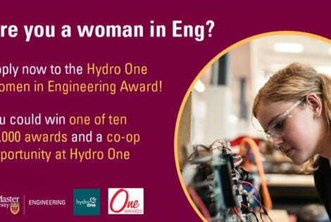 Graphic saying are you a woman in Eng? and advertising the Hydro One Women In Engineering Award.