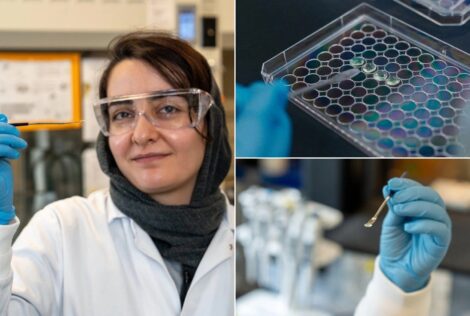 a woman wearing a hijab, white lab coat, safety goggles and blue gloves holding up a tray in a lab.