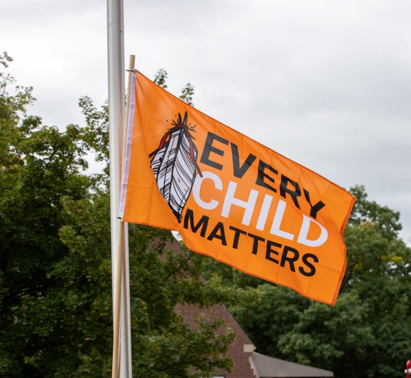 A flag that says 'every child matters' for the National Day for Truth and Reconciliation.