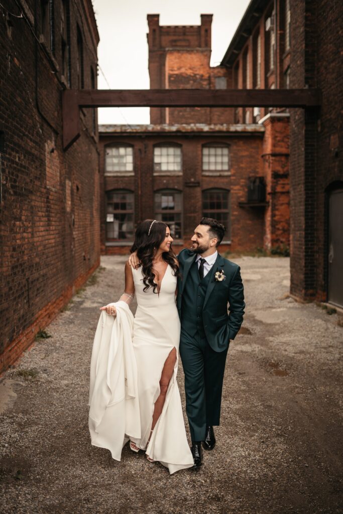 Couple on their wedding day at the Cotton Factory