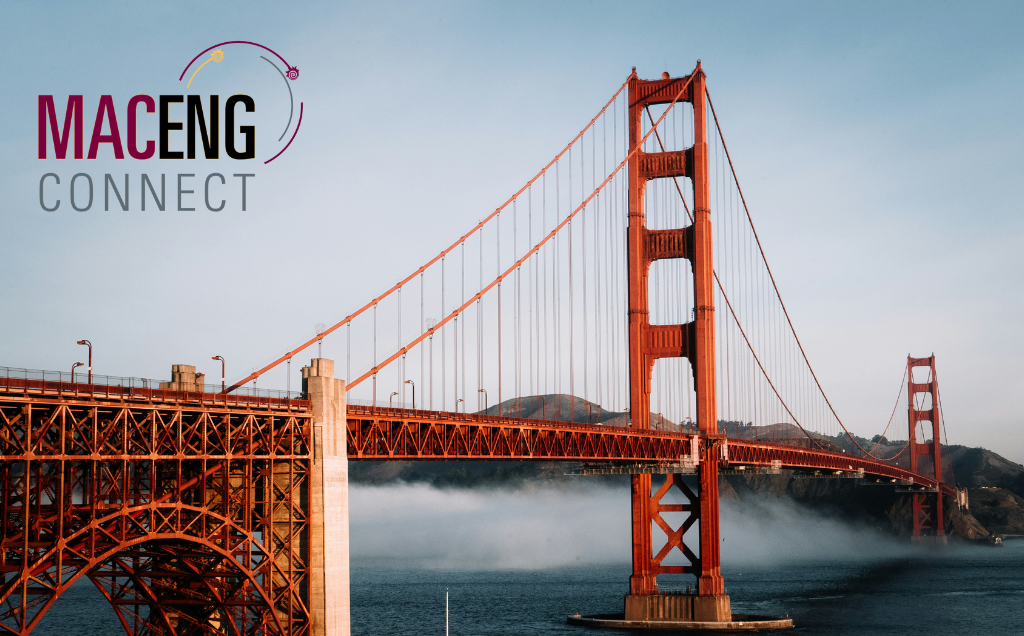 Golden Gate Bridge surrounded by fog with a Mac Eng Connect logo