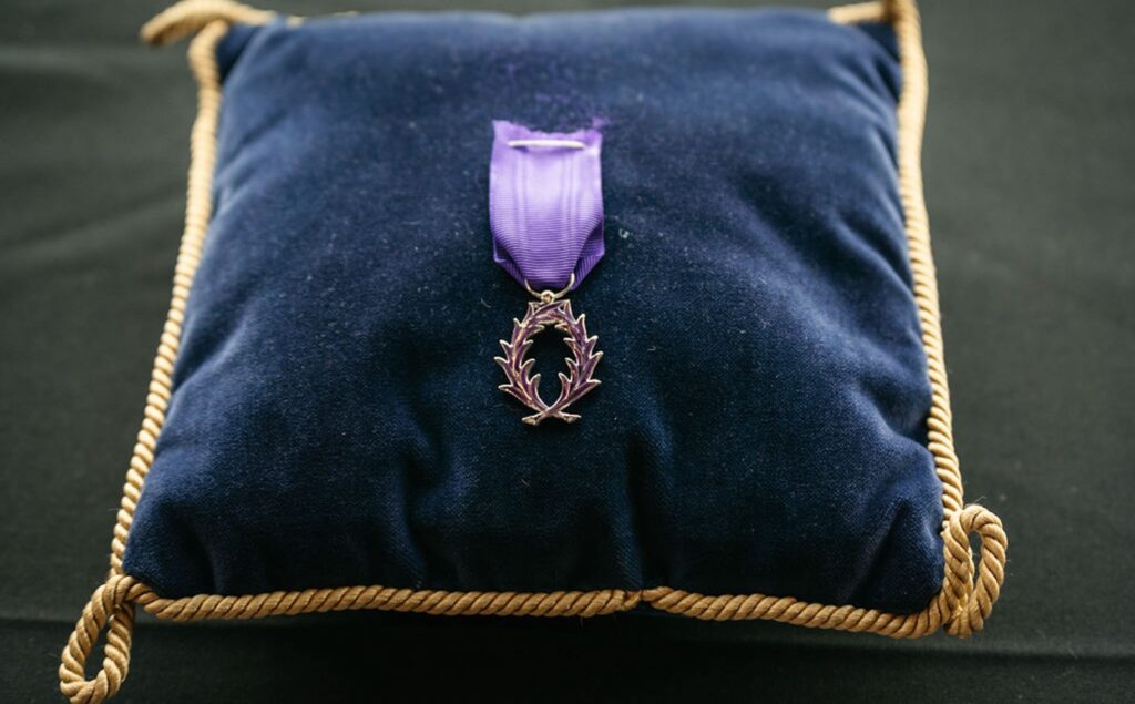 A medal sitting on a pillow.