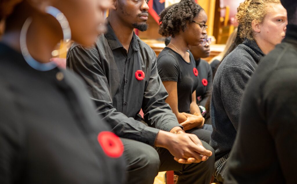 Remembrance Day photo of students wearing poppies