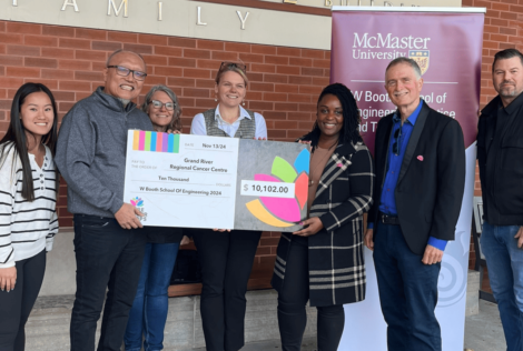 a group of people posing with a large cheque.