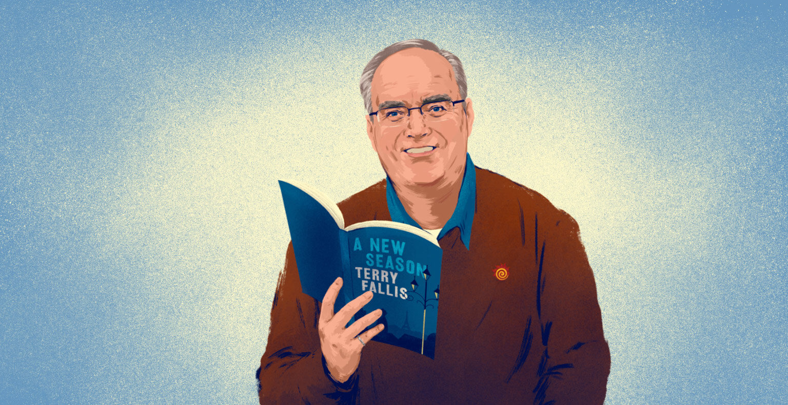 animation of a man holding a book against a blue backdrop.