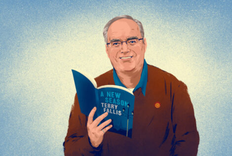 animation of a man holding a book against a blue backdrop.