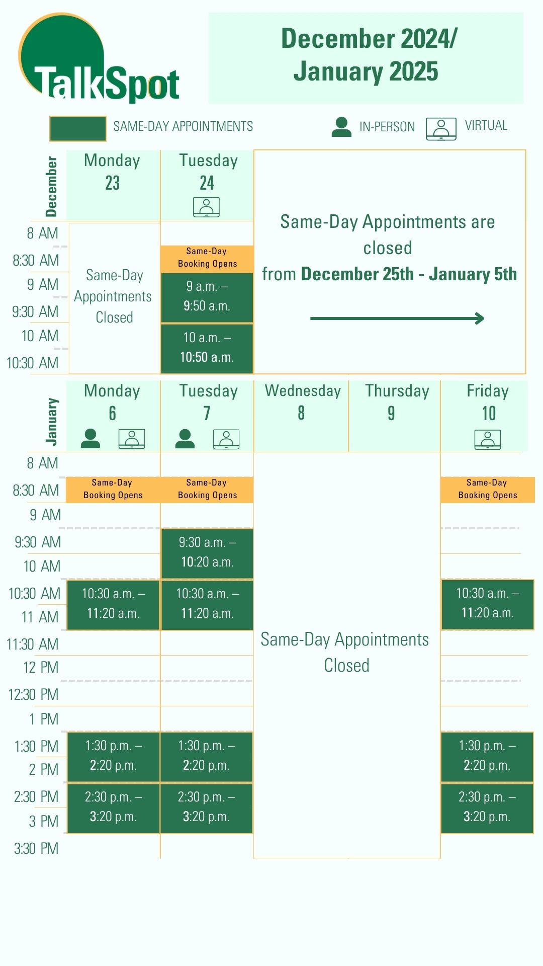 Calendar of upcoming same-day appointments from December 23, 2024 to January 10, 2025.